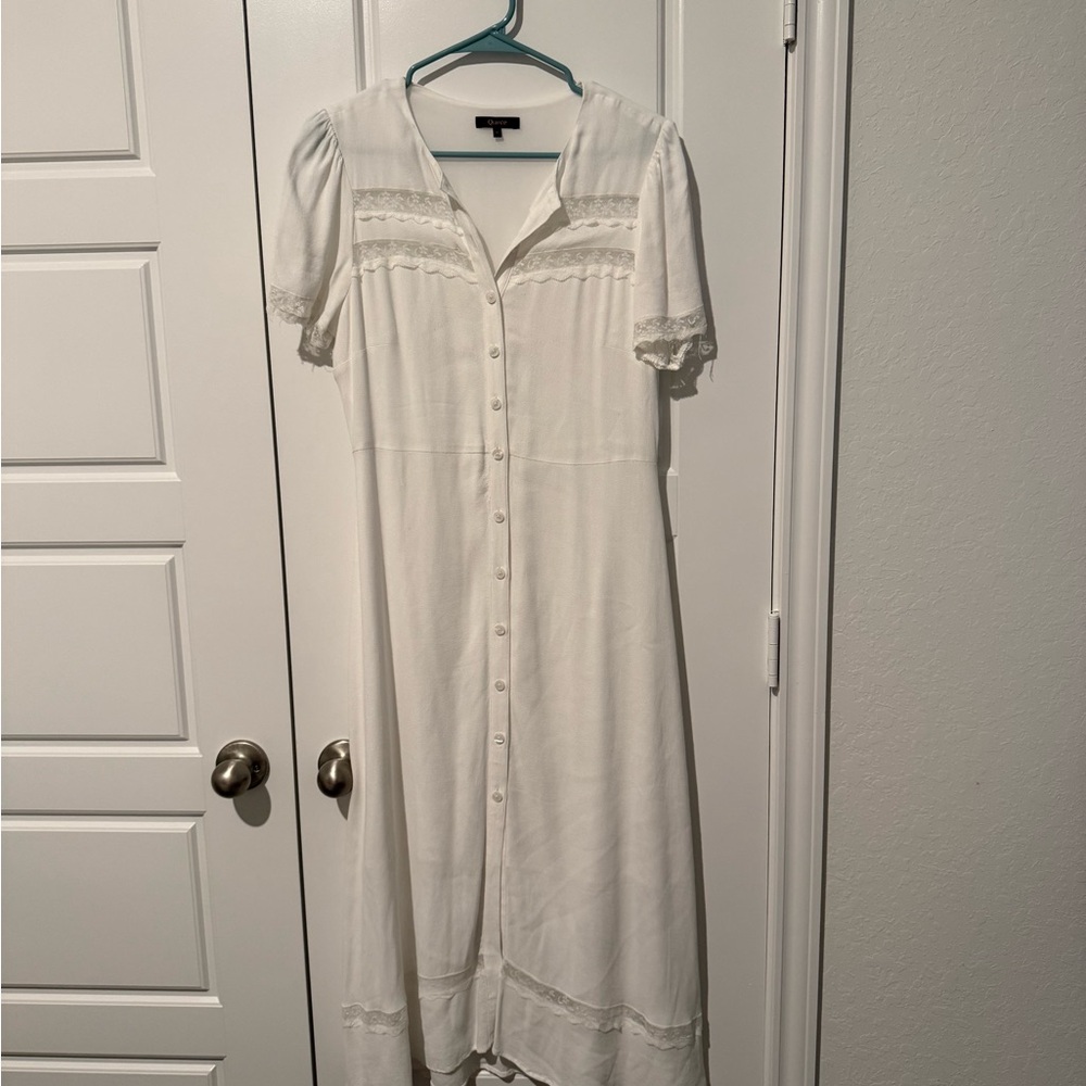 Quince White Button-Front Lace-Trim Midi Dress